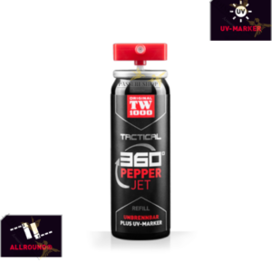Recharge bombe lacrymogène professionnelle 45ml JET POIVRE OC 360° marqueur UV sous blister - TW1000
